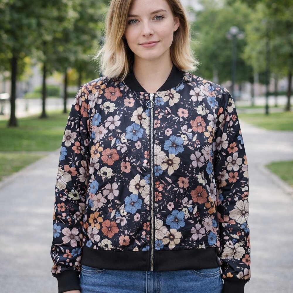New Floral Bomber Jacket | Black Zip-Up Lightweight Spring Jacket